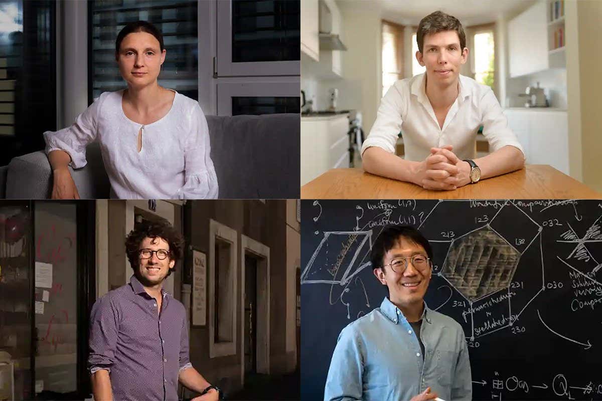 The four Fields medal winners, clockwise from top left: Maryna Viazovska, James Maynard, Hugo Duminil-Copin and June Huh