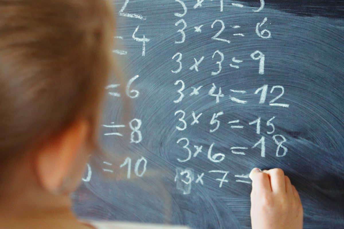 Young girl writing multiplication equations on a blackboard